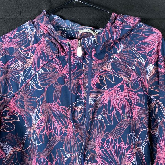 Active Zone Women Jacket Blue Pink Floral Full Zip Hooded Lightweight Stretch 2X - Picture 2 of 12